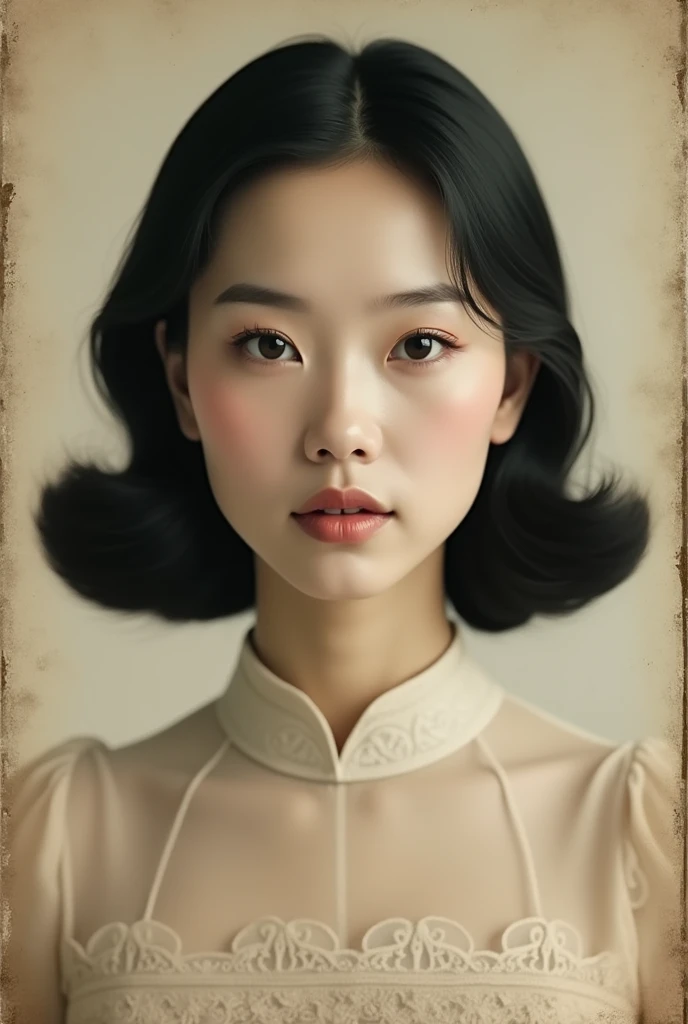 A vintage 1960s-style portrait of a mysterious East Asian woman, presented in a classic passport photo composition. She faces directly forward, centered perfectly in the frame, with a calm yet enigmatic expression. Her almond-shaped eyes, delicate features...