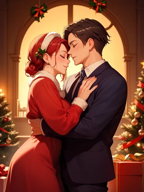  romantic atmosphere ,  Very detailed,  High Resolution , ​masterpiece, Sharp focus,  Official Art , Christmas,couple, man and woman,SFW