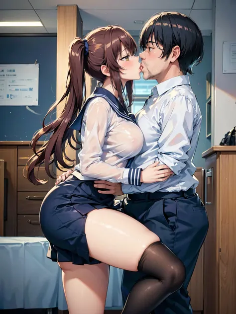 ( One Girl ,  fat middle-aged men who commit crimes until morning:1.2),   white shirt,  miniskirt, , ({{kissu), (),  office,  very detailed bust,  high definition , 4K, masterpiece,  high definition 、( my clothes are see-through :1.2)、 Twin Tails ,Big Brea...