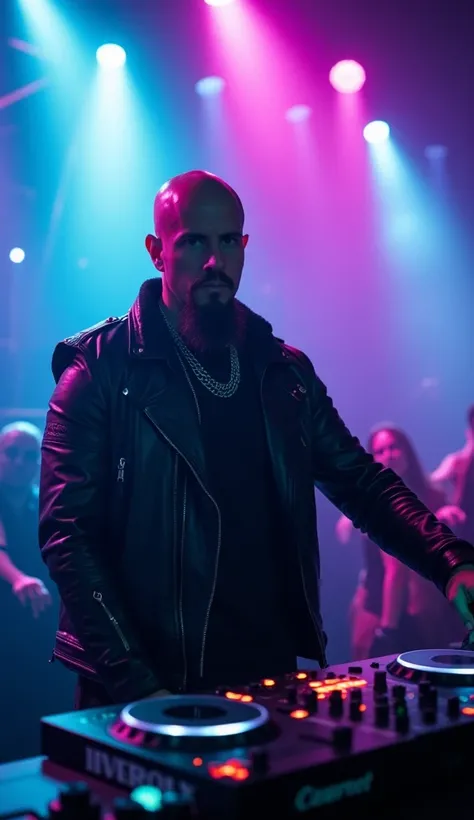  A fictional DJ inspired by rock and heavy metal at a concert inside an electronic music club. The DJ is a bald man , With dark goatee ,  wearing black leather clothing with metallic accessories . He&#39;s on stage,  while colored neon lights  (blue, purpl...