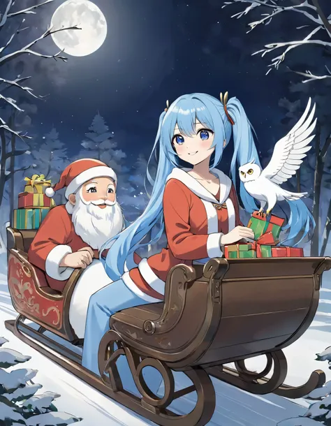   long light blue hair、 beautiful girl with twin tail hairstyle 、 Santa Claus on a reindeer sleigh 、smile、 is handing out presents in a beautiful snowy forest、 moonlight、A big white owl is watching