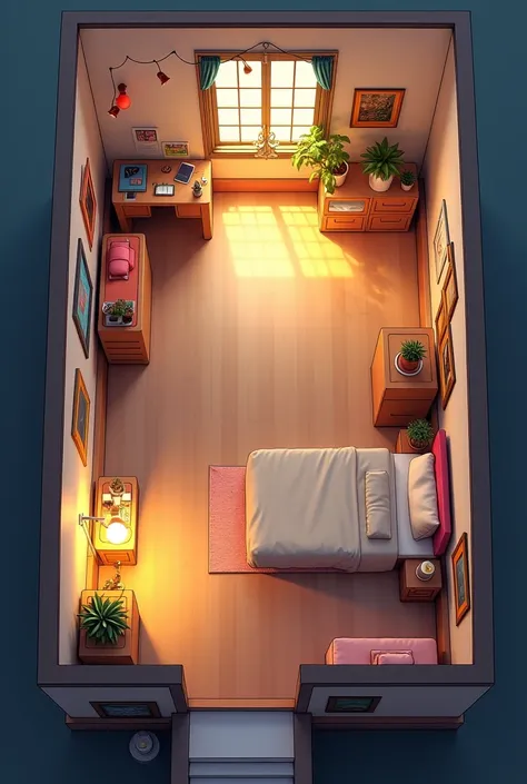 Heres a2d floor planof the s Bedroom with a Playing Area and a lighting plan:

1. Ambient Light: Central ceiling light for general illumination.


2. Task Light: Desk lamp in the study area.


3. Accent Light: Spotlight for the decorative zone.


4. Decora...