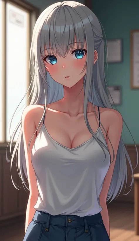 Anime girl long grey hair blue eyes white camisole sexy in class room whole body while body 