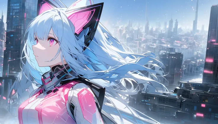  Woman, She is wearing futuristic clothes, futuristic city in the background, Beauty, small breasts, light blue hair, cat ears, pink eyes, From the side, gloves, upper body close-up, Rooftop of urban building area