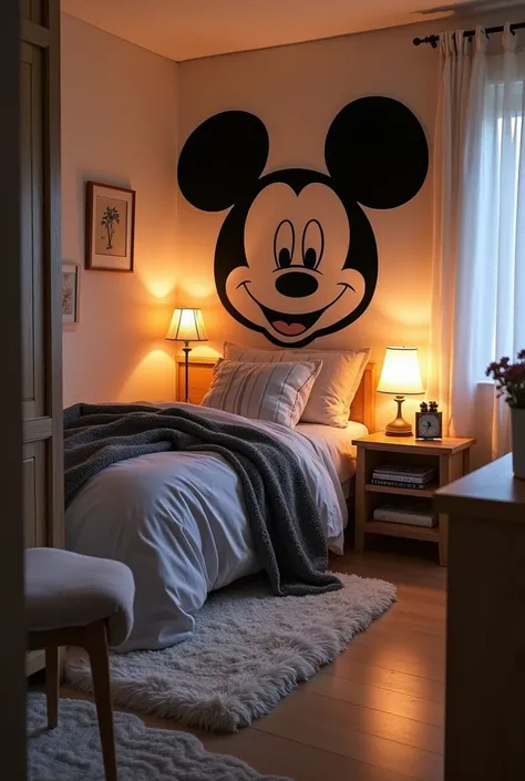 create a mini bedroom without anyone with 
Portable screen to watch lying down
Mickey sheet or black fur
gray duvet and pillowcase 
LEDs to place on the wall and under the bed
Plush toys to put to bed, 1 big and 2 small
a wardrobe
A writing desk 
rug
Do yo...