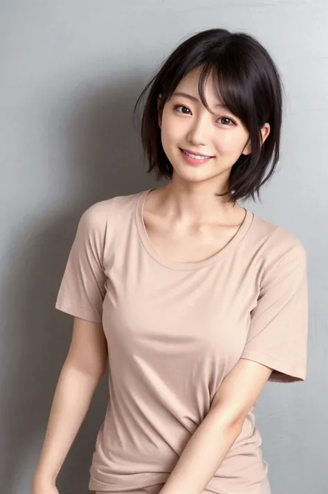 Photorealistic, Japanese beautiful famous cute model, (30 years old), influencer , No makeup, very narrow eyes, woman, (wearing snug fitted light T-shirt:1.2), standing upright, natural smile, indoor background, clean and stylish clothing,short hair, sligh...