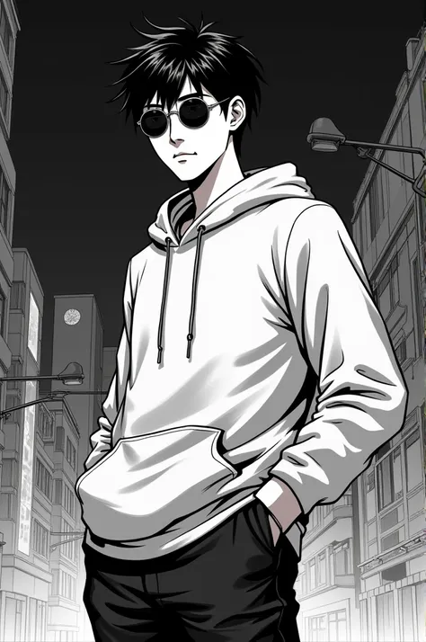 Male, Korean outfit, hands in pockets, circular sunglasses, black and white Japanese manga style, 3D background, city at night, side profile looking to the left, hooded, smile