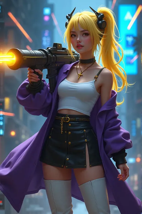 For the cinematic character of a beautiful Indonesian girl, long emo hair in a blonde ponytail with bright yellow highlights, wearing a purple demon hunter robe with a white t-shirt suit. Golden yellow lightning accent, wearing a short black skirt with str...