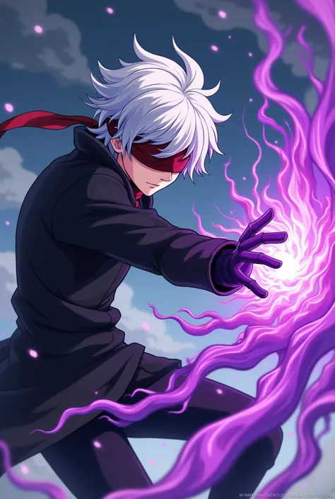   a young man wearing black blindfolds ,  with white hair merging red and blue and create an imaginary mass called a hollow PURPLE, killing a murderous man   , anime