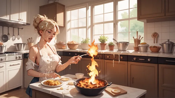  A chaotic kitchen scene where a blonde woman is frantically trying to cook—flour everywhere, food burning, pots clanging.