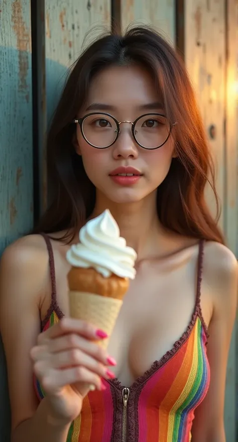 Extreme close-up of beautiful korean female, 34 inches breasts size, wearing camisole rainbow pattern, glasses, holding ice-cream, against the fence, sunset light, UHD 