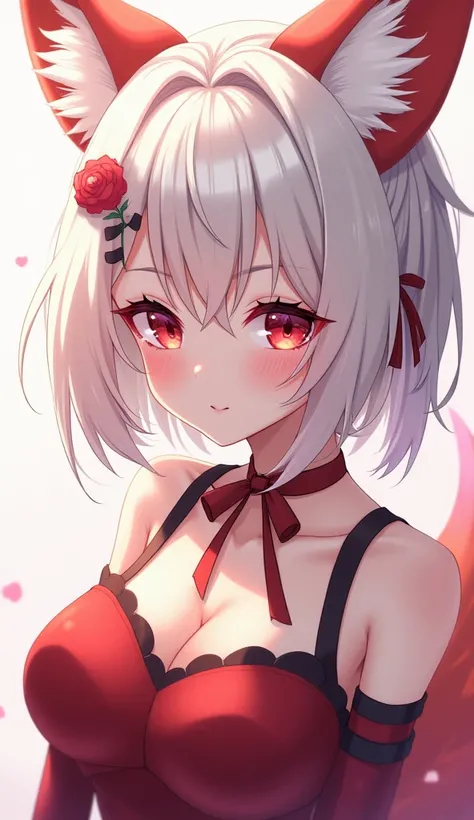 cute, sexy and mature Girl, extravagant hairstyle, sexy eyes, long eye lashes, fox ears, fox tail, phoenix aura, Round breasts, tip hair been feathers. cute feather hairpin, side fox ears with feathers coming out, anime style. platinum white hair with red ...