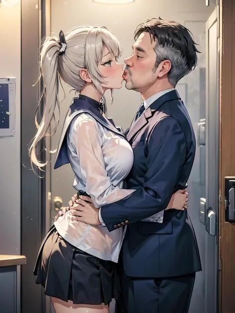 ( One Girl ,  fat middle-aged men who commit crimes until morning:1.2),   white shirt,  miniskirt, , ({{kissu), (),  office,  very detailed bust,  high definition , 4K, masterpiece,  high definition 、( my clothes are see-through :1.2)、 Twin Tails ,Big Brea...