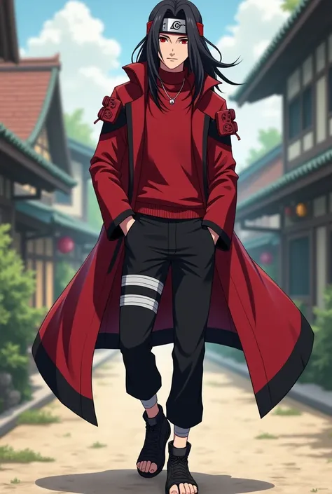  make a fictional male character inspired by the ANIME NARUTO,  He is a 16-year-old teenager , Average height and appearance of a teenager , no mustache, Does he have a konoha headband , has red eyes,  long black hair , Wear a red sweater and a red overcoa...