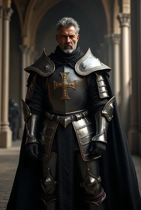 Generate an image of a Mediterranean Man as a Grandmaster Templar inside of a Black Templar Cathedral wearing a medieval steel plate armor without helmet, make it a medium armor, make the design modern, color it black and white with a bit of red highlight ...