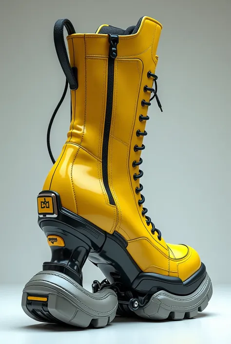 Design of an ankle boot military sports shoes with thick sole transparent platform style cyber android digital galactic robotic hyperrealistic futuristic latest model mxm 10000 color yellow color high boot style thick transparent transparent sole 