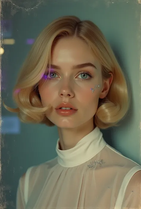 A vintage-style portrait of a mysterious Caucasian woman set in a futuristic 2050 world, designed to resemble a 1960s passport photo. She faces forward with a calm and enigmatic expression, her piercing eyes and soft, matte porcelain-like skin illuminated ...