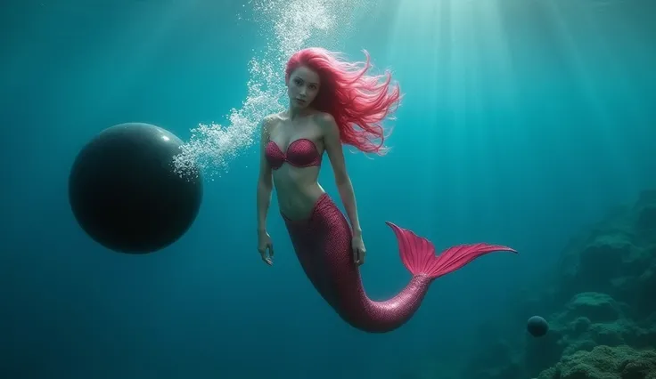 beautiful mermaid, with long magenta hair, the mermaid has huge breasts, a thin waist, wears a metallic red bra and the mermaids tail is metallic red diving into the bottom of a very blue sea, facing the camera, exhaling air bubbles, (((a large black bubbl...