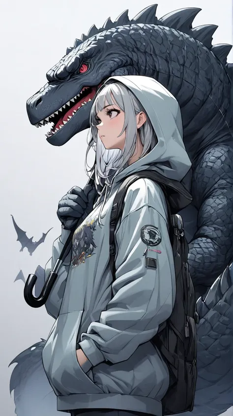 2Dlive， two-dimensional game character design , Tomorrows Ark Doujin ，( top quality),  Ultra High Resolution ,  clearly focused,  cool tones, Full body portrait， grey background, ((A young girl,  unique )), are wearing a hoodie ，Holding an umbrella， The ho...