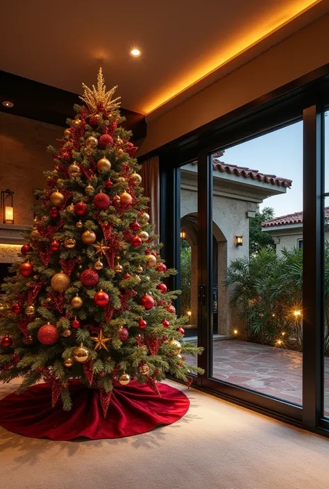 inside a private luxury home workout gym, inside a luxury mediterranean style mansion in Miami, with a big fluffy Christmas tree with dark red and gold Christmas decorations and ornaments in the corner
