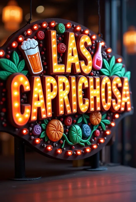  Sign that says LAS CAPRICHOSA with colorful and 3D letters with images of beer, glass with beer and candies  