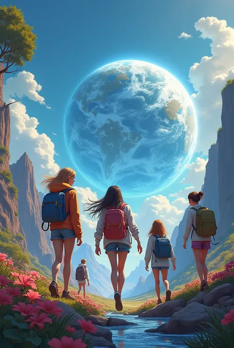 5 young women touring animated planet Earth 