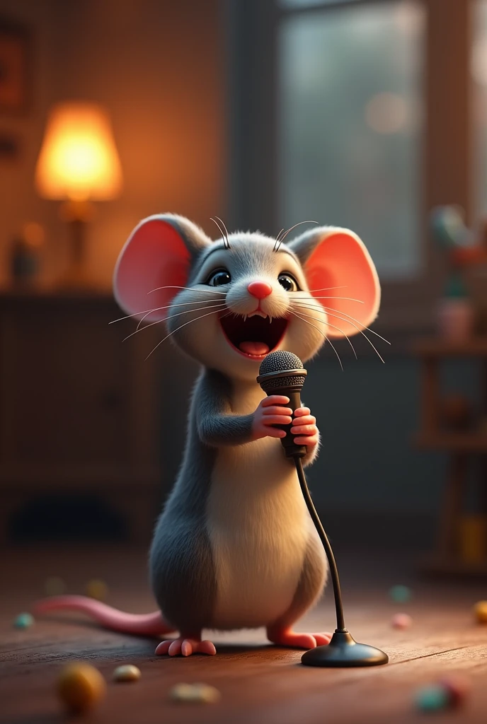 Mouse singing with microphone with the lighting at half light