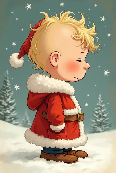  A boy who looks like Charlie Brown is wearing Santa Claus clothes。Looks sleepy。Illustration with a taste like an old Disney cartoon 。