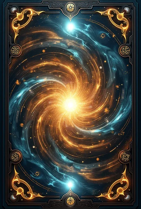 A mystical and intricate card back design, featuring rotating elements that converge towards the center. The design is a blend of fantasy and elegance, with swirling patterns of geometric shapes, abstract symbols, and magical runes. Various elements like f...