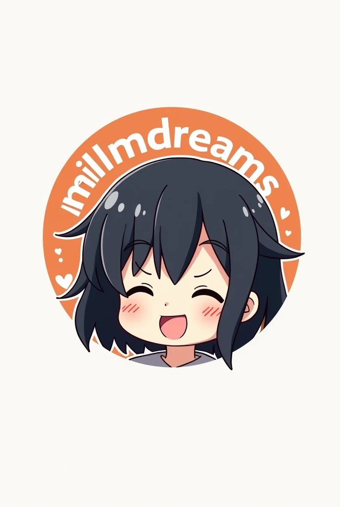 You have a circular-shaped logo including the name Milimdreams, with an anime character , Black hair ,  smiling ,anime 