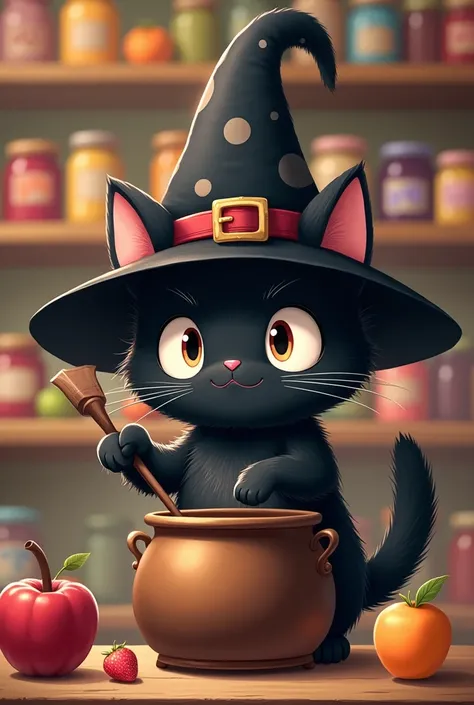  Very cute black cat with a very pompous witchs hat, with the little ears sticking out over the hat ,  big shiny eyes , with several shelves full of jams in the background , stirring a cauldron with a witchs staff, Studio Ghibli, kawaii, anime,  chibi.