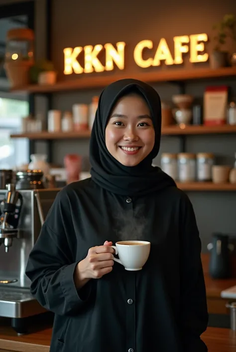 The warm and inviting coffee shop interior features a beautiful korean woman (Plump Body), wearing a black hijab pashmina, Wearing an Oversized Black Shirt, standing behind an espresso machine. She held a steaming cup of coffee, smiling brightly at the cam...