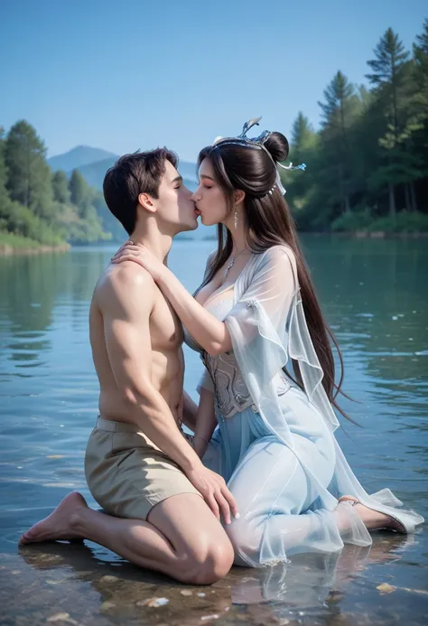 source realistic,couple, kneeling, kissing, son, Busty wuxia woman, night time,embrassed, plump,huge breast,goddess, in the river of wuxia world, masterpiece, anatomically correct, super detail, high details, high quality, best quality, highres, 8k