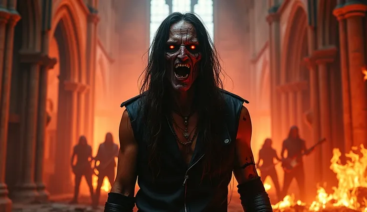 Create a horrifying scene of a zombie lead singer standing inside a ruined, gothic church. His face is demonic and grotesque, with rotting, cracked skin, hollow glowing eyes, and an intense, menacing expression that exudes an otherworldly terror. His long,...