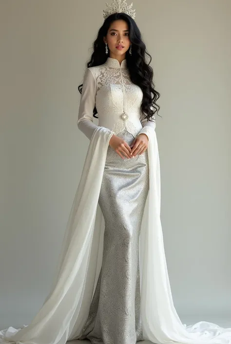 Beautiful woman, with long curly black hair, wearing white kebaya, with long silver songket skirt, wears a high heels shoes, earings,, small crown, standing random with full body pose