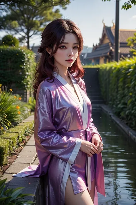 3D Magic Style ， Sparkling Sparkling Rainfall Scenery ， Oriental beauty ， Red-Purple Mixed Curly Hair Color ， Wearing Tight Neon Phnom Edge Gradient Purple Special Robe Flag， Elegant Quality Outstanding ， Eye-catching Character ， Modern Garden Park Green L...