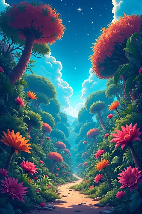 Viral anime nature wallpaper in 4K quality, in the style of illustration inspired by Akira Toriyama, featuring a fantastical jungle with oversized plants, vibrant flowers, and exotic animals; bright and playful color temperature, cosmos lighting with stars...