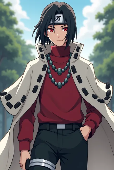  make a fictional male character inspired by the Naruto anime,  He is a 16-year-old teenager , Average height and appearance of a teenager , no mustache, Does he have a konoha headband , has red eyes,  medium black hair , Several rock necklaces  , wears a ...