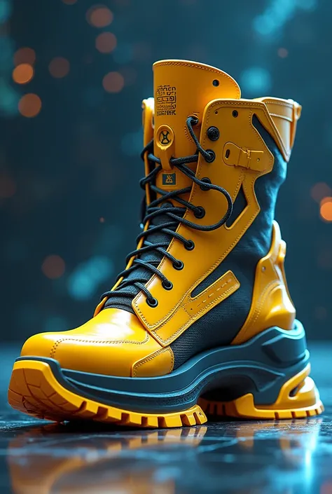 Design of an ankle boot military sports shoes with thick sole transparent platform style cyber android digital galactic robotic hyperrealistic futuristic latest model mxm 100 rockero rock design yellow high boot style thick transparent transparent sole 