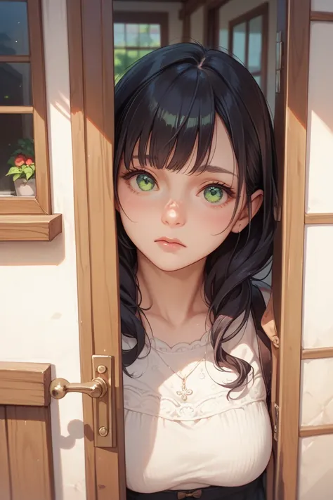 33-year-old woman, standing outside door of a house looking in as viewed from inside, dark hair, green eyes, with concerned expression, close up, anime style