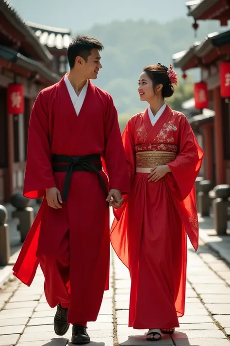 A beautiful japanese woman wearing japanese red traditional dress with her husband walking at the walking at the street.they are in romantic walking.his one on her stomach side.they are in 10th century world.