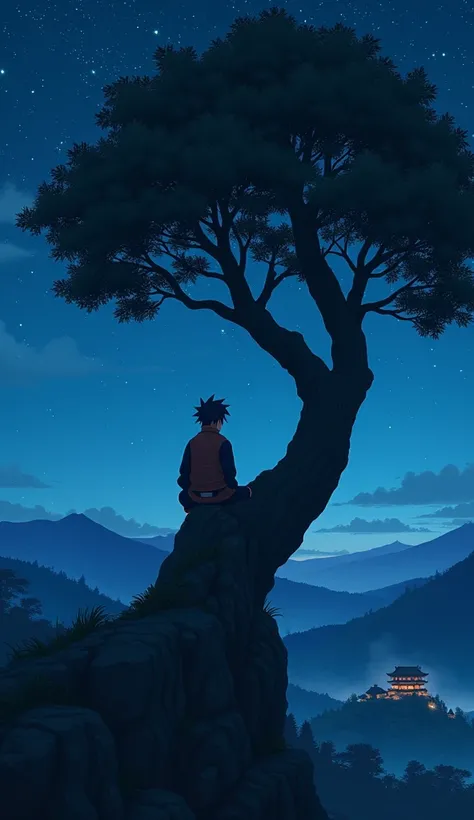 Create the image of the Naruto sitting on the tree on the top of the mountain looking towards the sky there is small Japanese style village near by the tree beautifull night time dark night shine stars blue sky blue background