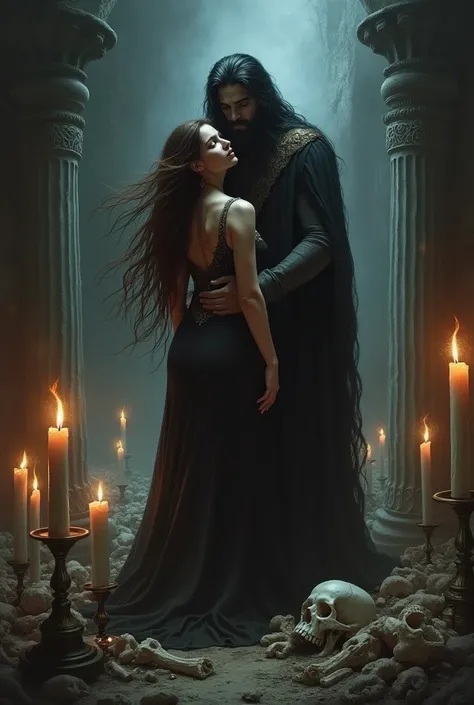 Scary, Dark ethreal fantasy, Persephone goddess with long brown hair, with her escort Hades who is scary in the dark underworld, sexual vibes, lust, desire, candles, fire, horror, bones scattered about the floor