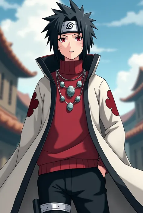  make a fictional male character inspired by the Naruto anime,  He is a 16-year-old teenager , Average height and appearance of a teenager , no mustache, Does he have a konoha headband , has red eyes,  medium black hair , Several rock necklaces  , wears a ...