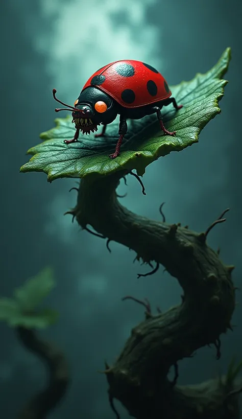 dark digital art of a horror ladybug on an eerie leaf at night, surreal and abstract