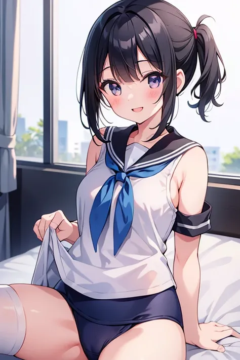 cute, girl,  sold, 6th elementary school student, black hair, Bob- Half up-short ponytail, dark blue school swimsuit, white knee-high socks, medium bust, white skin, blush, smile