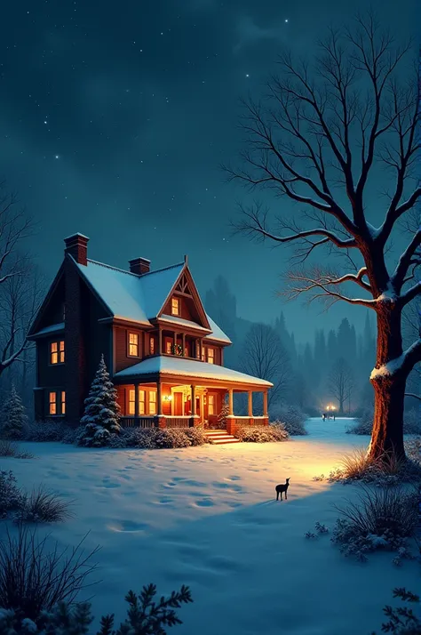 A snowy Christmas night scene featuring a large, cozy house with glowing festive decorations, warm lights from the windows, and a peaceful snow-covered yard under a dark, moody sky. A large tree with barren branches casts ominous shadows on the snow, and t...