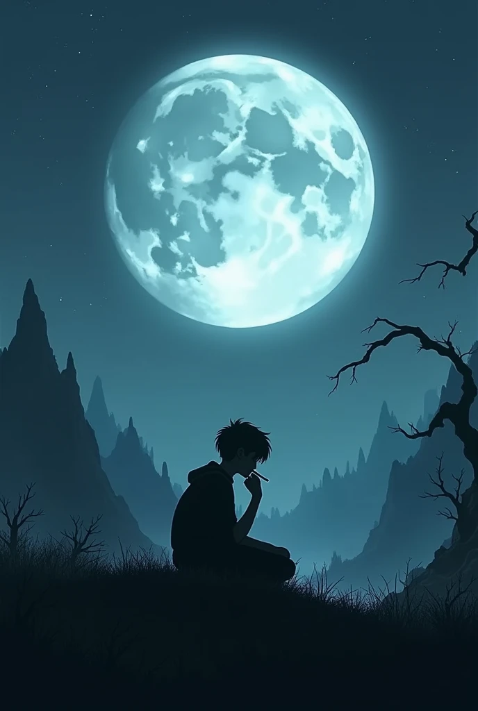  Make a dark fantasy cover for a song that features a boy sitting on a hill,  at night, with the full moon in the background, Dry trees and mountains in the distance while smoking a joint .

