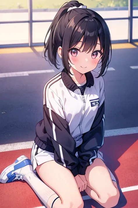 cute, girl,  sold, 6th elementary school student, black hair, Bob- Half up-short ponytail, school track suit, white knee-high socks, medium bust, white skin, blush, smile