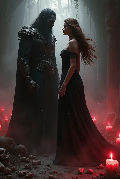 Scary, Dark ethreal fantasy, Persephone goddess with long brown hair, with her escort Hades who is scary in the dark underworld, sexual vibes, lust, desire, candles, fire, horror, bones scattered about the floor, red magical glow